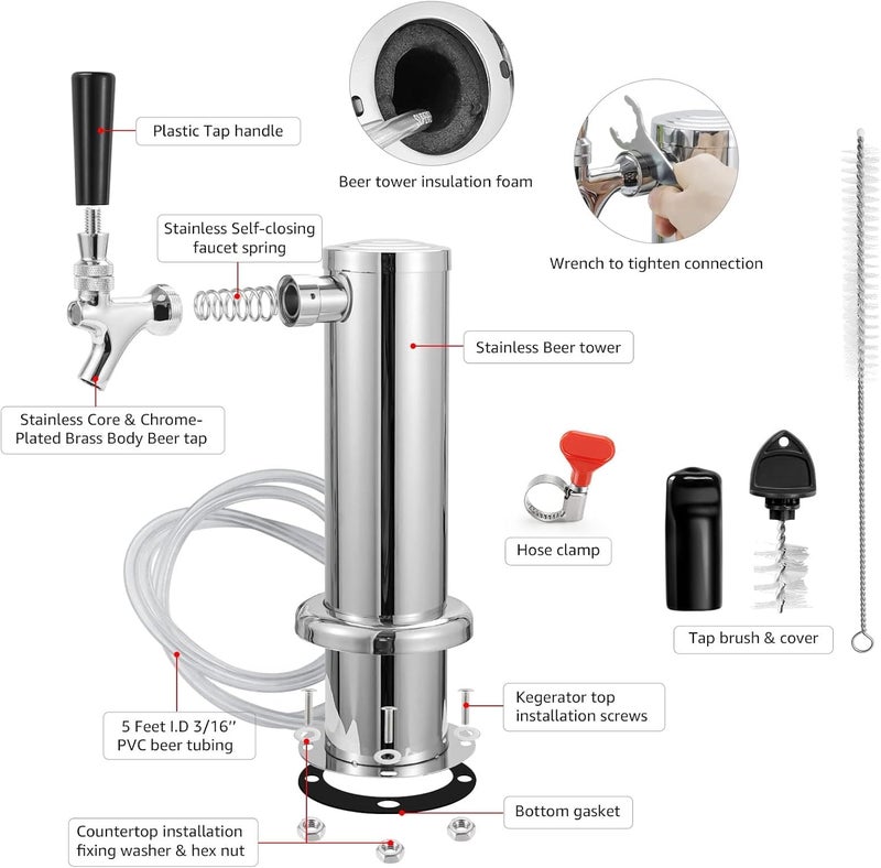 MRbrew Single Tap Draft Beer Tower, Support Countertop and Kegerator Installation, Stainless Core Beer Faucet Stainless Steel 3'' Flange Brewing Tower Dispenser Kit with Self-Closing Faucet Spring - Image 2